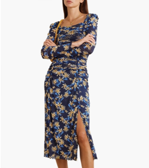 DVF Amelie 褶饰花卉印花弹力网布中长连衣裙