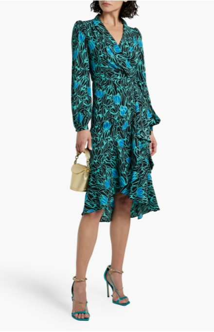 DVF Carla 荷叶边印花绉纱中长裹身连衣裙