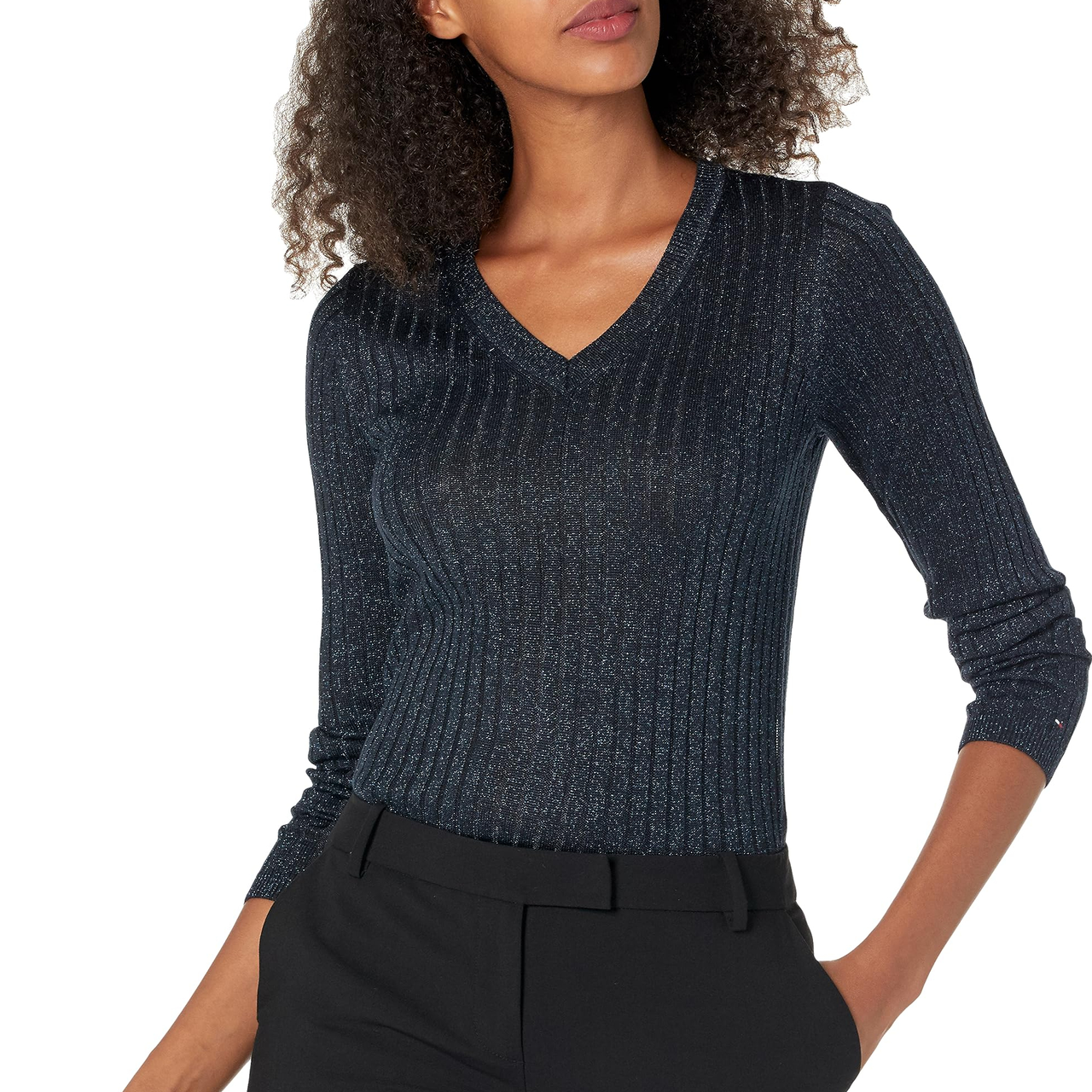 【含税直邮】Tommy Hilfiger 汤米·希尔费格 女式轻质 V 领金属毛衣, 天空船长, 中号