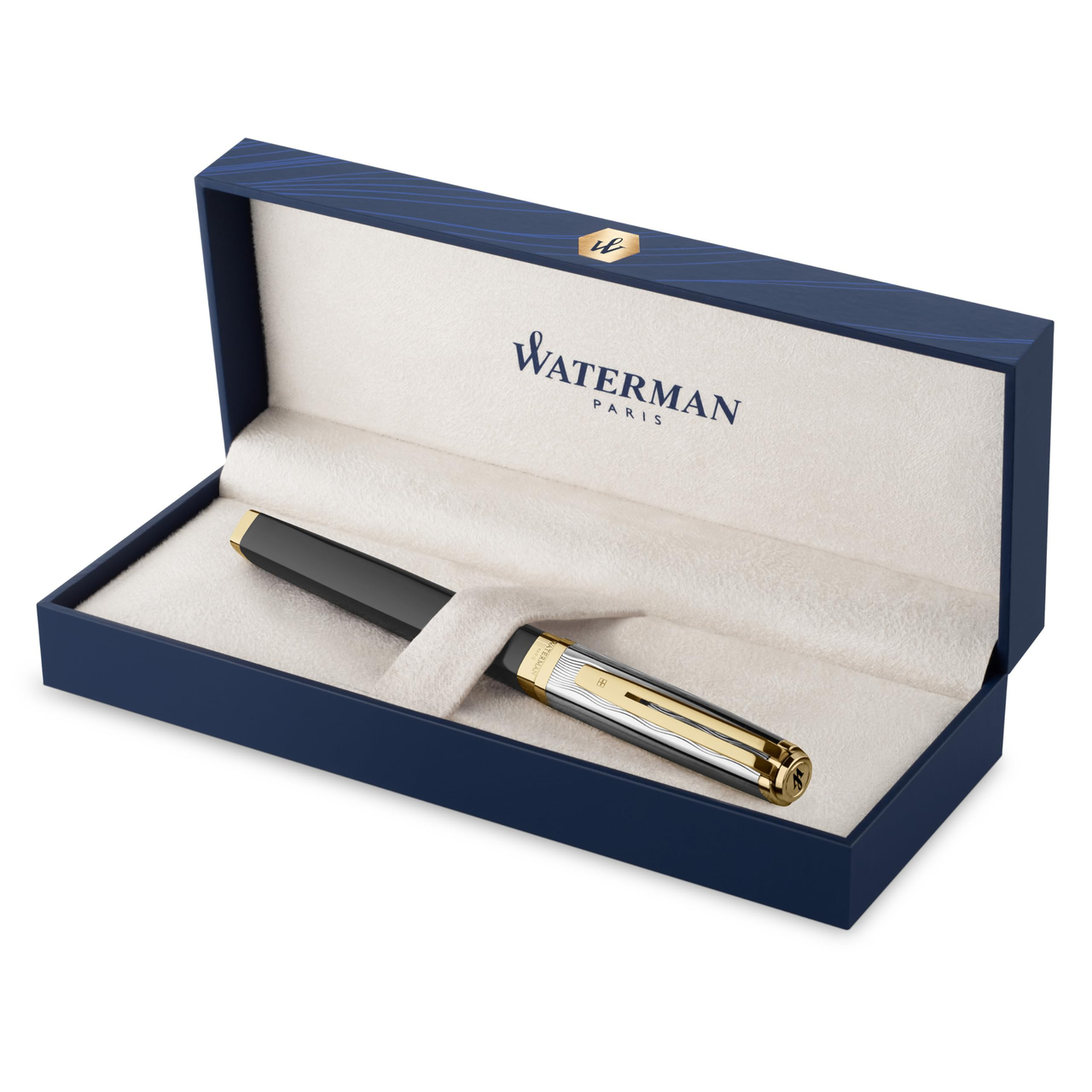 【含税直邮】Waterman Exception 钢笔 金属和黑色漆 精密笔帽 钢笔 18 K 金笔尖 礼品盒