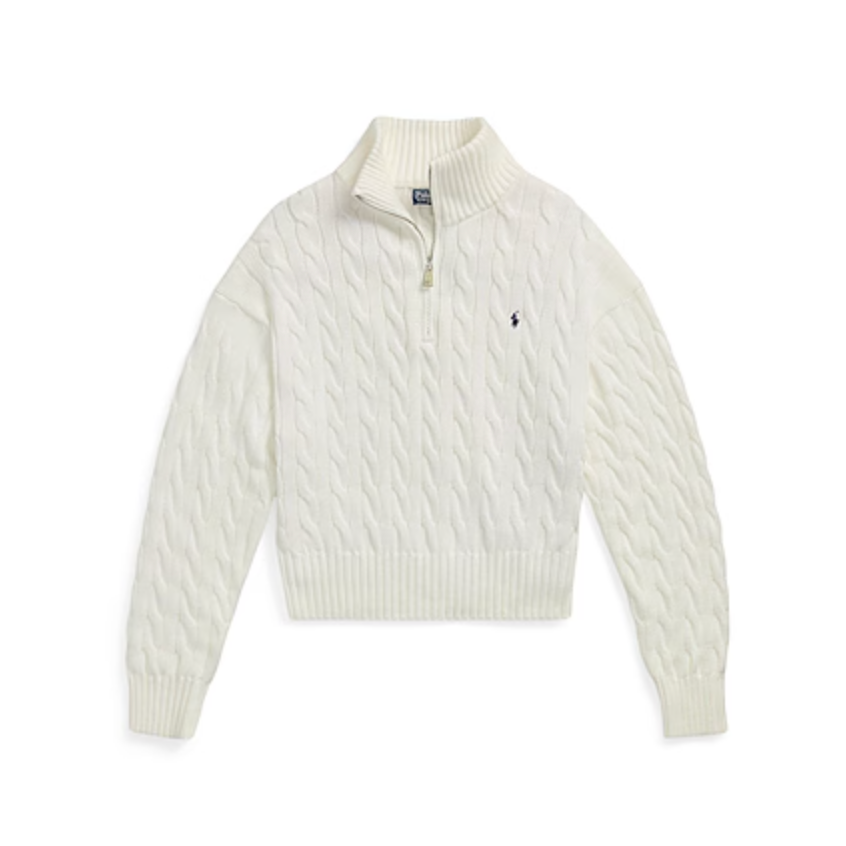 POLO RALPH LAUREN 拉夫劳伦白色绞花半拉链毛衣
