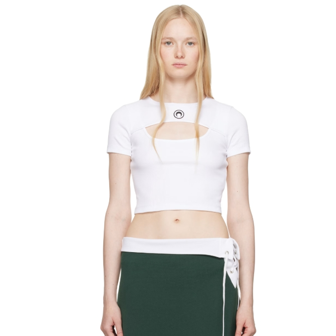 Marine Serre 白色 Moon Logo Ribbed Jersey Cut-Out T 恤