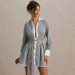 Club L London Beatriz 灰色亚麻细条纹连衣裙