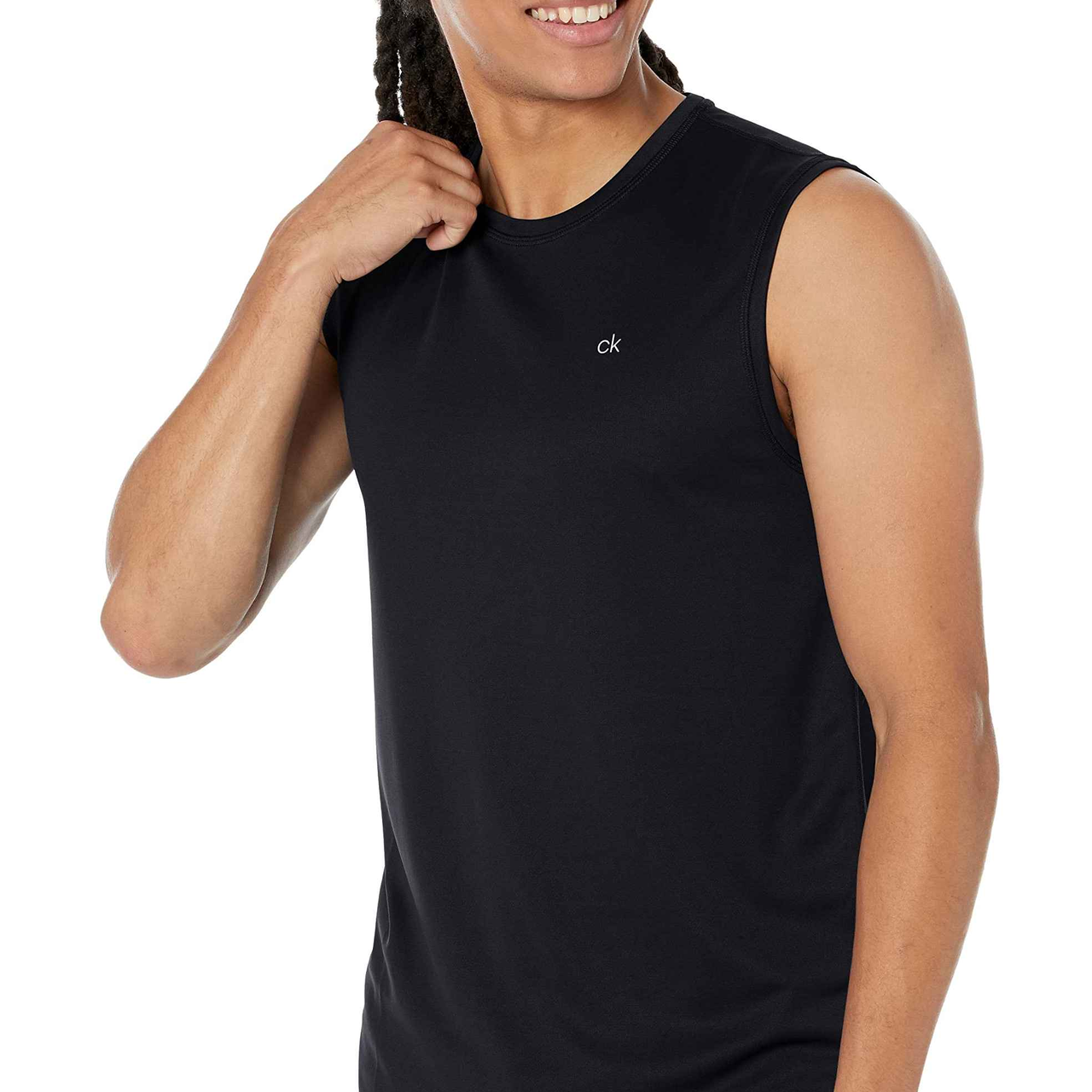 CALVIN KLEIN 男式轻质快干无袖上衣 40+ UPF 防护,黑色//白色,中号