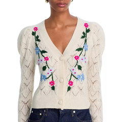 AQUA Cashmere 花卉印花V领开衫