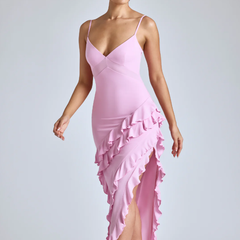 Aurelie 淡粉色拼接荷叶边晚礼服