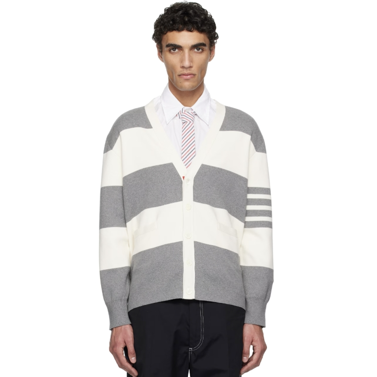 Thom Browne 灰色 & 灰白色 Rugby Stripe Milano Stitch V Neck 开衫