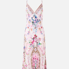 Camilla V领长款斜纹拖尾吊带连衣裙