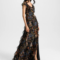 Veronica Beard 黑色花卉荷叶边真丝连衣裙