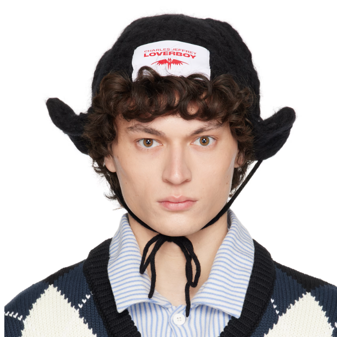 中站含税！Charles Jeffrey LOVERBOY 黑色 Chunky Aviator 毛线帽
