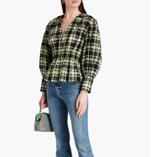 Ganni 格纹棉混纺泡泡纱衬衫