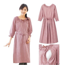 日本母婴生活品牌：Monterre 梦特露 产前产后都能穿 粉色格子纯棉连衣裙