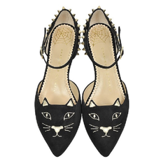 Charlotte Olympia Mid-Century Kitty D'Orsay 猫咪黑色麂皮平底鞋
