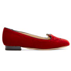 Charlotte Olympia  Red Velvet Kitty Flats 红色天鹅绒款猫头鞋