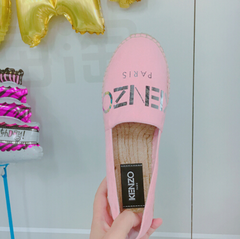新低价，5姐晒单相似款~Kenzo Pink Suede Logo Espadrilles 女款粉色logo图案草底鞋