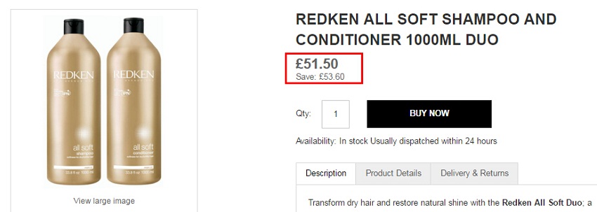 Redken All Soft 柔顺抗毛躁洗护套装 2*1000ml ￡51.5（约433元）