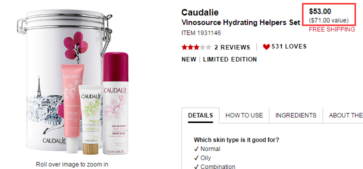 Caudalie 欧缇丽 保湿护肤套装 $53（约384元）