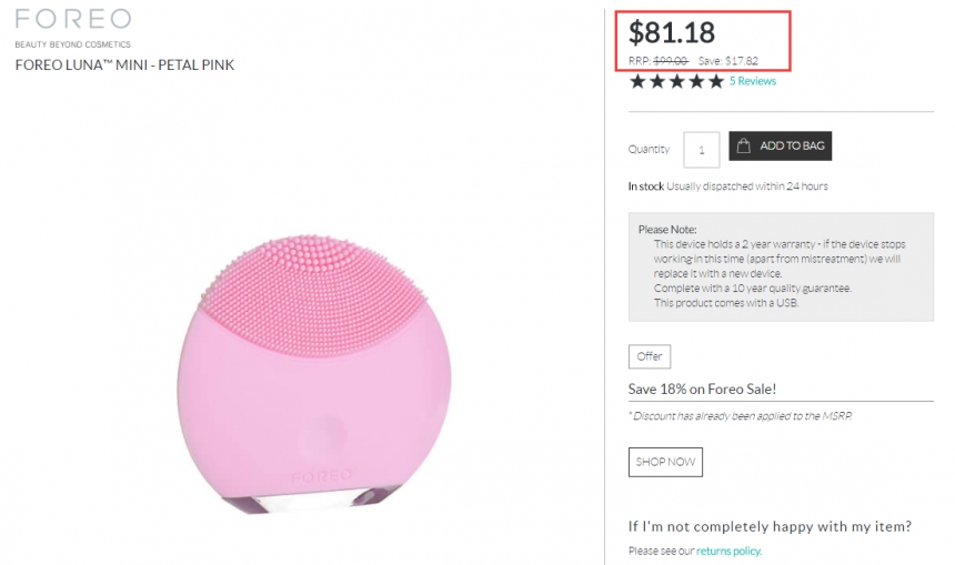 FOREO Luna mini 声波硅胶洁面仪 粉色 .12（约559元）