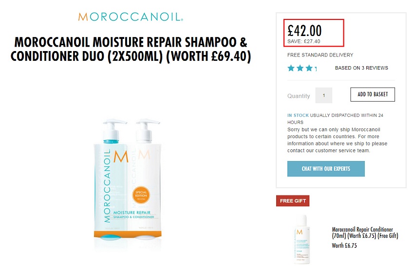 Moroccanoil 保湿修复洗护套装 2*500ml ￡42（约370元）