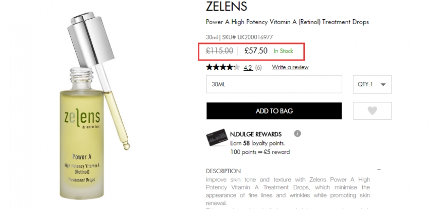 【再降】5折！Zelens 高效维A醇抗老面部精华油 30ml £57.5（约502元）