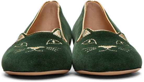 *后几小时，错过等半年！Charlotte Olympia Green Velvet Kitty Flats 女款绿色猫头鞋 2（约2477元）