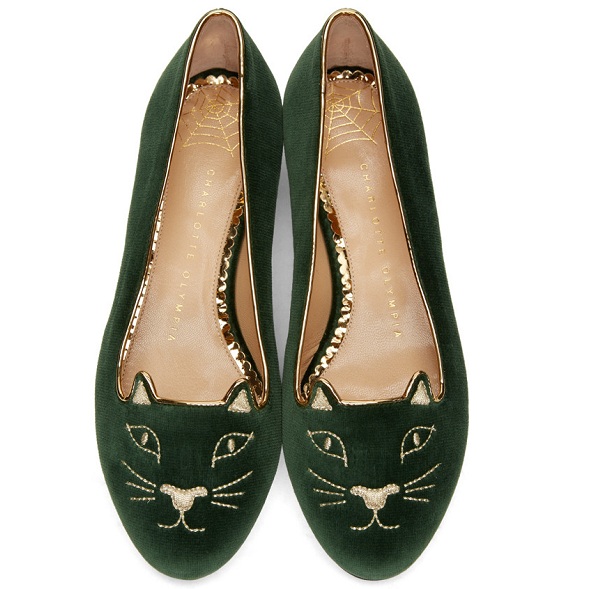 *后几小时，错过等半年！Charlotte Olympia Green Velvet Kitty Flats 女款绿色猫头鞋 2（约2477元）