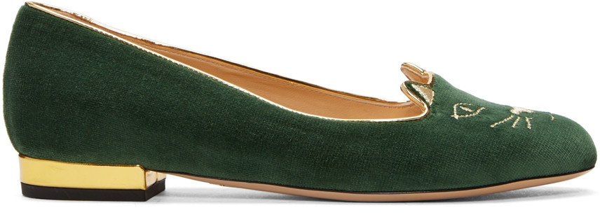 *后几小时，错过等半年！Charlotte Olympia Green Velvet Kitty Flats 女款绿色猫头鞋 2（约2477元）