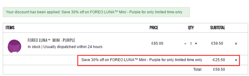 1件即可免费直邮！FOREO Luna Mini 硅胶洁面仪 紫罗兰 £59.5（约519元）