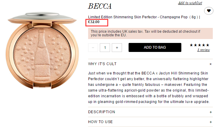 7折+免费直邮中国！Becca Jaclyn Hill 联名限量款白金飞碟高光 色号Champagne Pop £22.67（约198元）