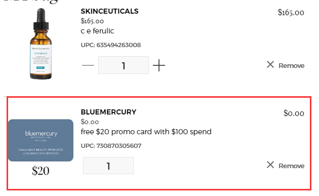 Bluemercury ：SkinCeuticals  杜克修丽可色修精华等满额送0礼卡