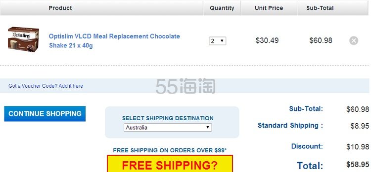 【满免邮】Optislim VLCD 低卡*身代餐奶昔 40 g*21包 （约181元）