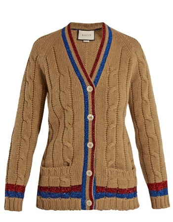 【明星同款】迪丽热巴同款 Gucci Web-striped cable-knit wool cardigan 针织开衫 00（约8526元）