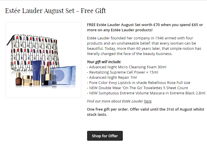 Feelunique 英文官网：Estee Lauder 雅诗兰黛 小棕瓶等护肤 满£65送价值£70豪华礼包，含正装420号唇膏！