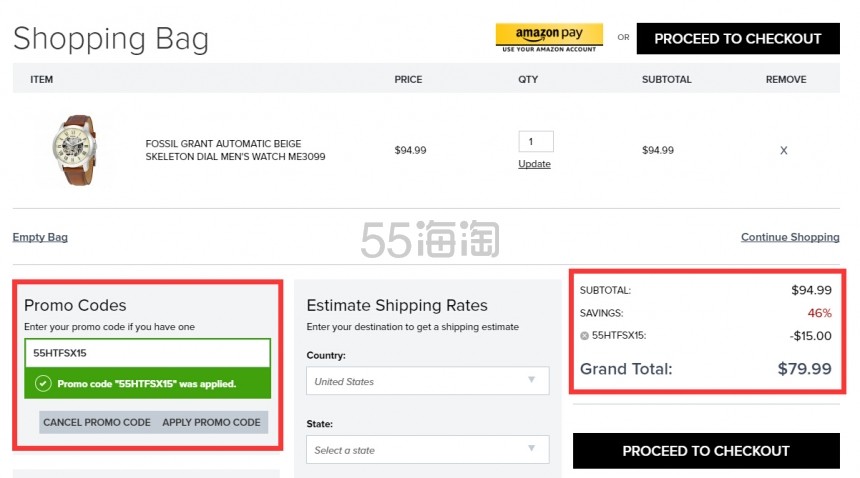 【55专享】Fossil 化石 Grant系列 ME3099 男士机械腕表