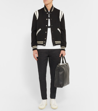 【明星同款】Saint Laurent 圣罗兰 Leather-Trimmed Wool-Blend 男士棒球外套