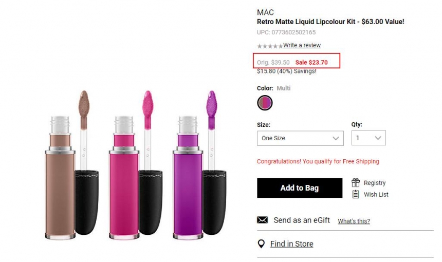 6折！MAC 魅可 三色唇釉套装