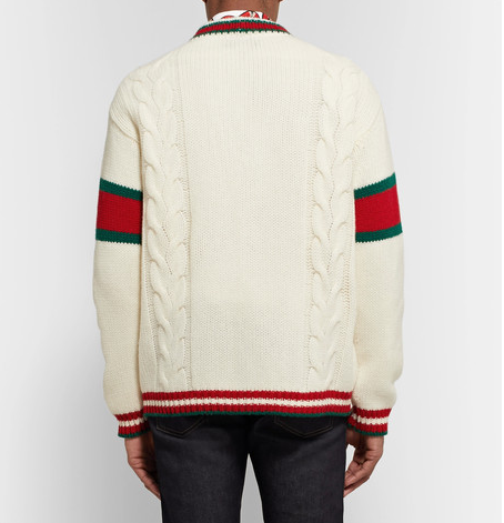 【仅剩几件】Gucci 古驰 Stripe-Trimmed Cable-Knit 男士羊毛开衫