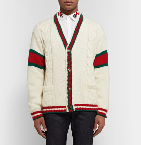 【仅剩几件】Gucci 古驰 Stripe-Trimmed Cable-Knit 男士羊毛开衫