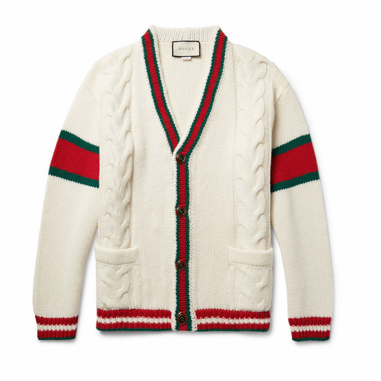 【仅剩几件】Gucci 古驰 Stripe-Trimmed Cable-Knit 男士羊毛开衫