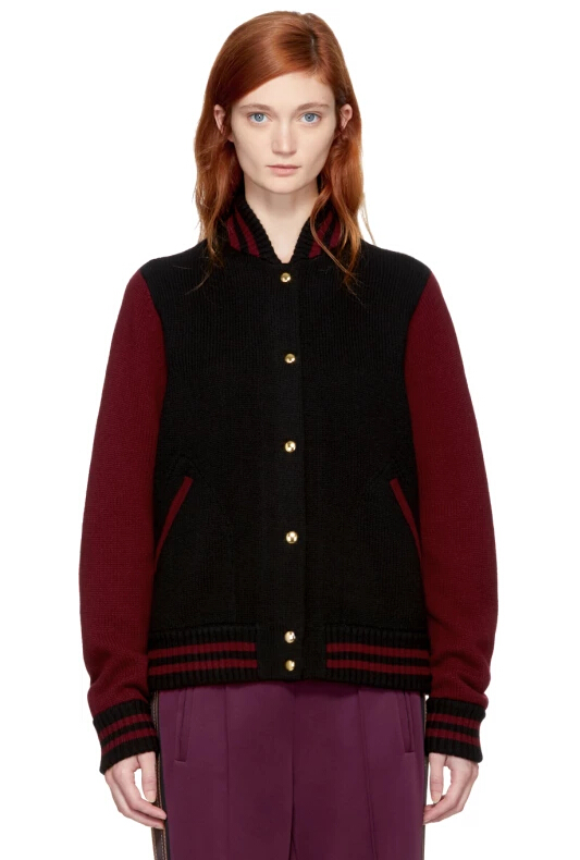 Marc Jacobs Burgundy & Black Knit Varsity Bomber Jacket 拼色飞行员夹克