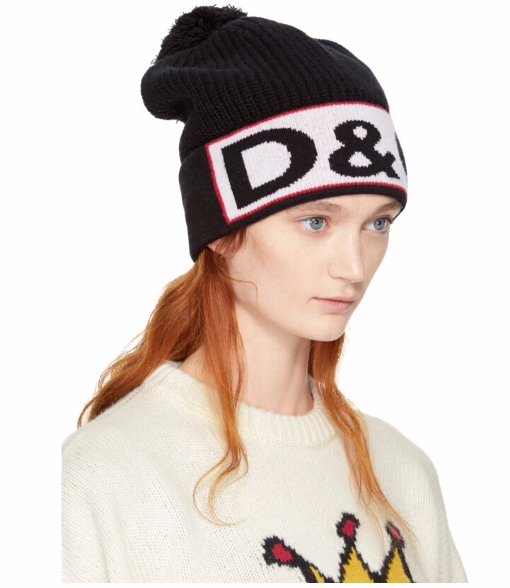 Dolce & Gabbana Black Logo Pom Pom Beanie 品牌logo图案毛线帽