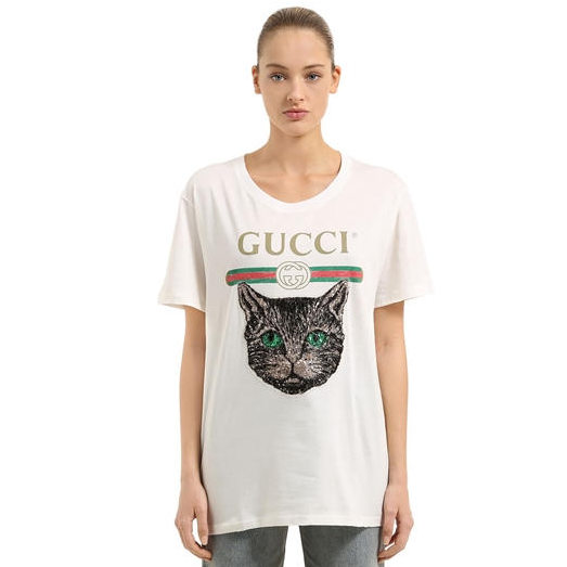 爆款预定~ GUCCI 2018年新款超闪亮猫头短袖T恤