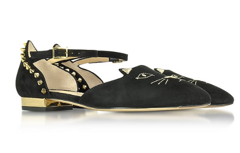 【大码福利！限时高返】Charlotte Olympia Mid-Century 女士猫咪黑色麂皮平底鞋
