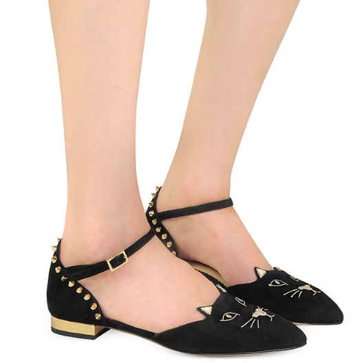 【大码福利！限时高返】Charlotte Olympia Mid-Century 女士猫咪黑色麂皮平底鞋