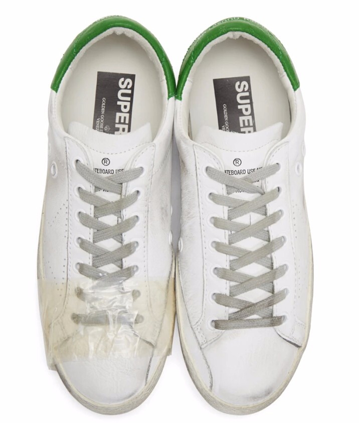 不到4折，41码有货~Golden Goose White & Green Tape Superstar Sneakers 男款绿尾小脏鞋