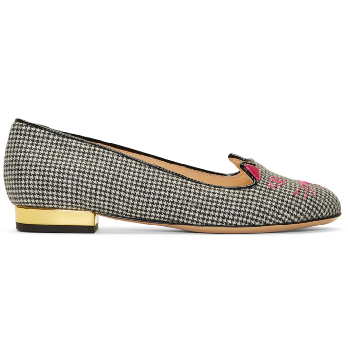 Charlotte Olympia Black & White Houndstooth Kitty Flats 女款优雅格纹猫头鞋