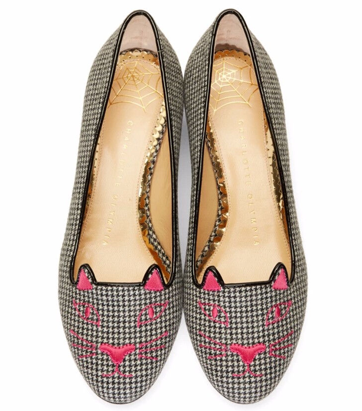 Charlotte Olympia Black & White Houndstooth Kitty Flats 女款优雅格纹猫头鞋