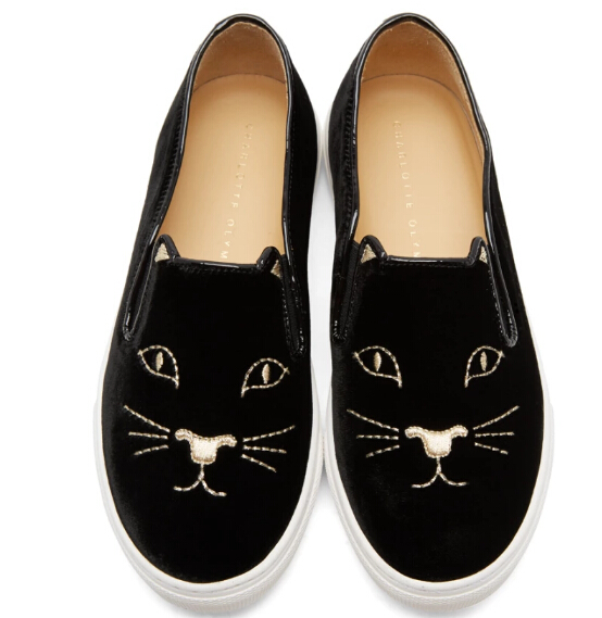 Charlotte Olympia Black Velvet Cool Cats Slip-On Sneakers 女款猫头一脚蹬