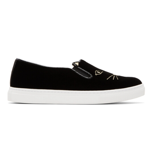 Charlotte Olympia Black Velvet Cool Cats Slip-On Sneakers 女款猫头一脚蹬