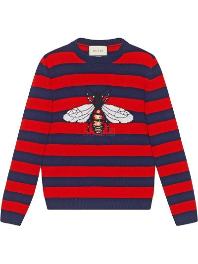杨幂同款 Gucci Striped wool sweater with bee 男款条纹蜜蜂图案毛衣